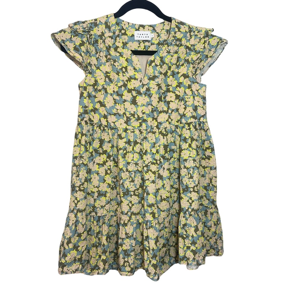 Tanya Taylor Kids Large Floral Tiered Flutter Sleeve Cotton Dress Blue Yellow L